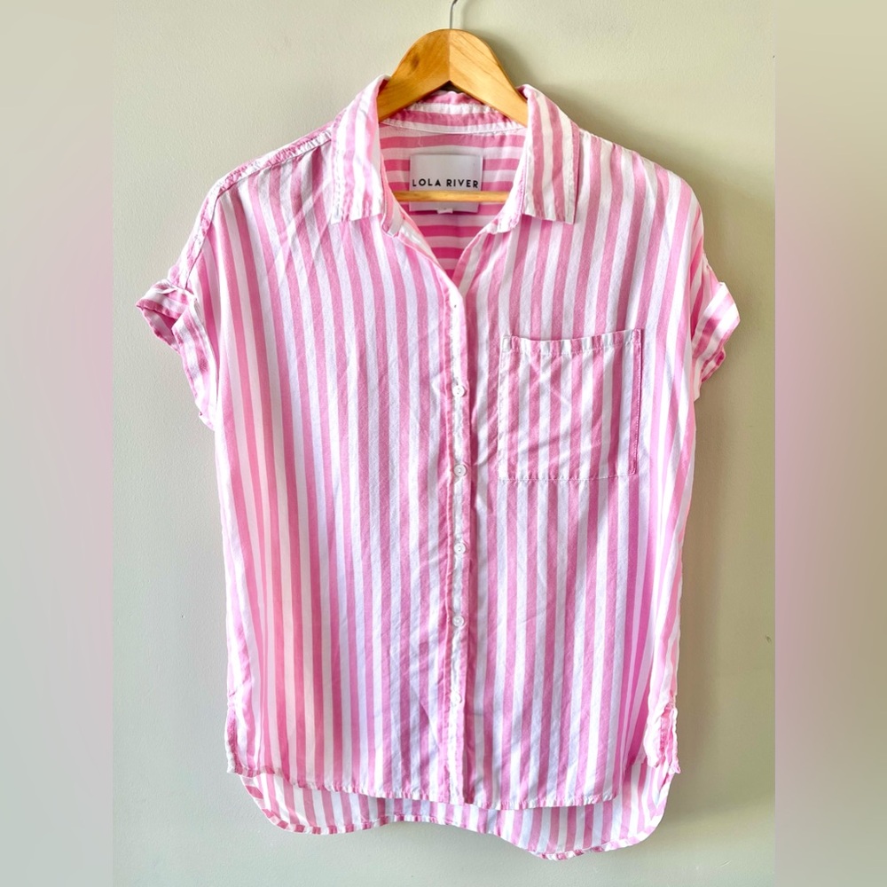 Lola River Pink & White Striped Button-Up Blouse Size Small 100% Tencel -Coastal